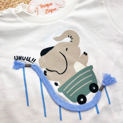 Conj. Camiseta Elefantinho "Uhull!!" e Bermuda - Off White e Verde